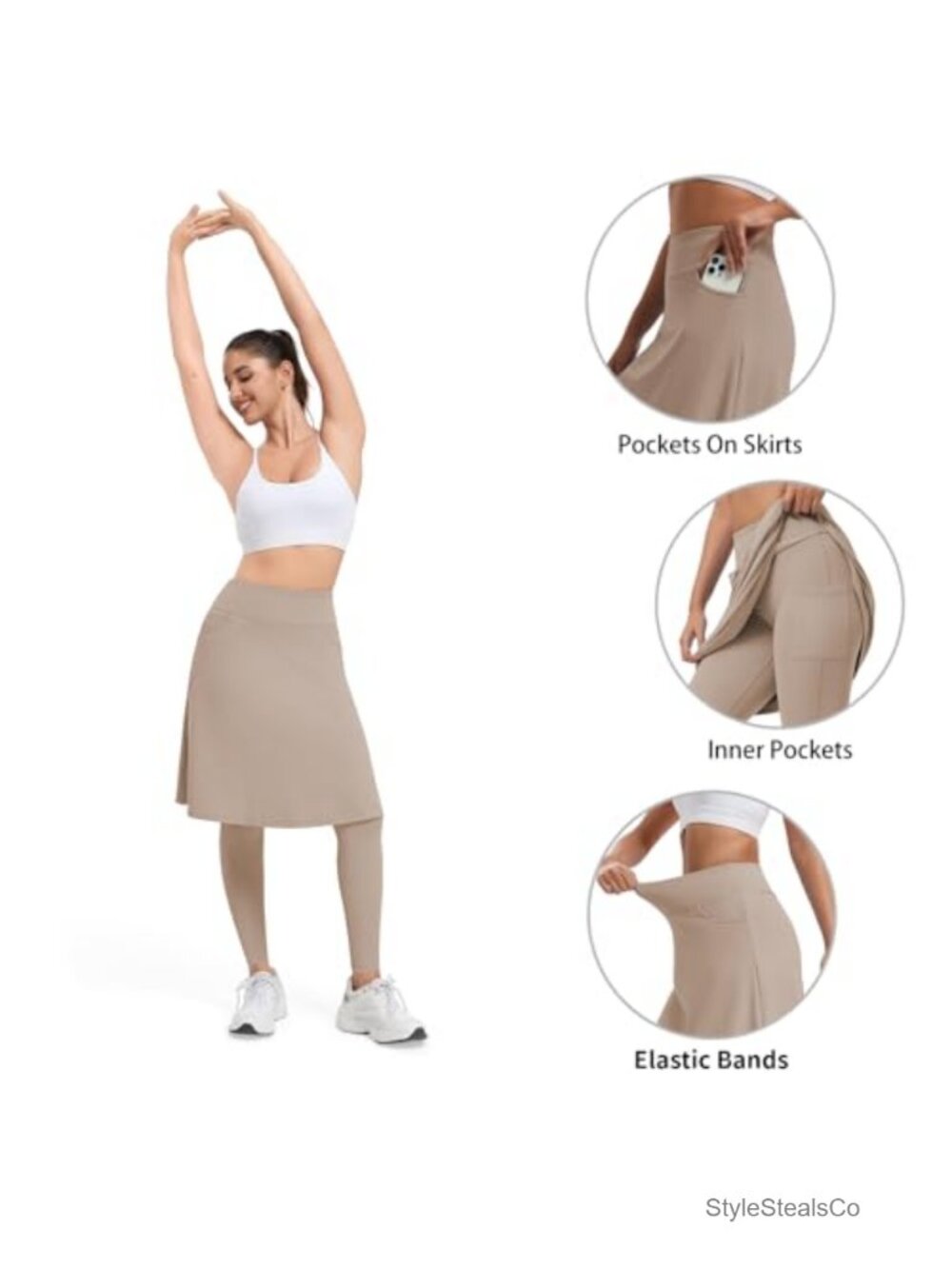 High Waist Knee Length Skort with Attached Leggings, Arc Pockets, Athletic Yoga - Picture 5 of 5